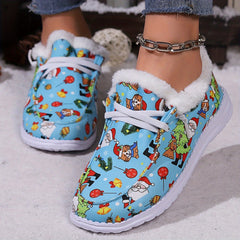 Christmas Snow Boots Santa Claus Kitten Pattern Plush Comfort Flats