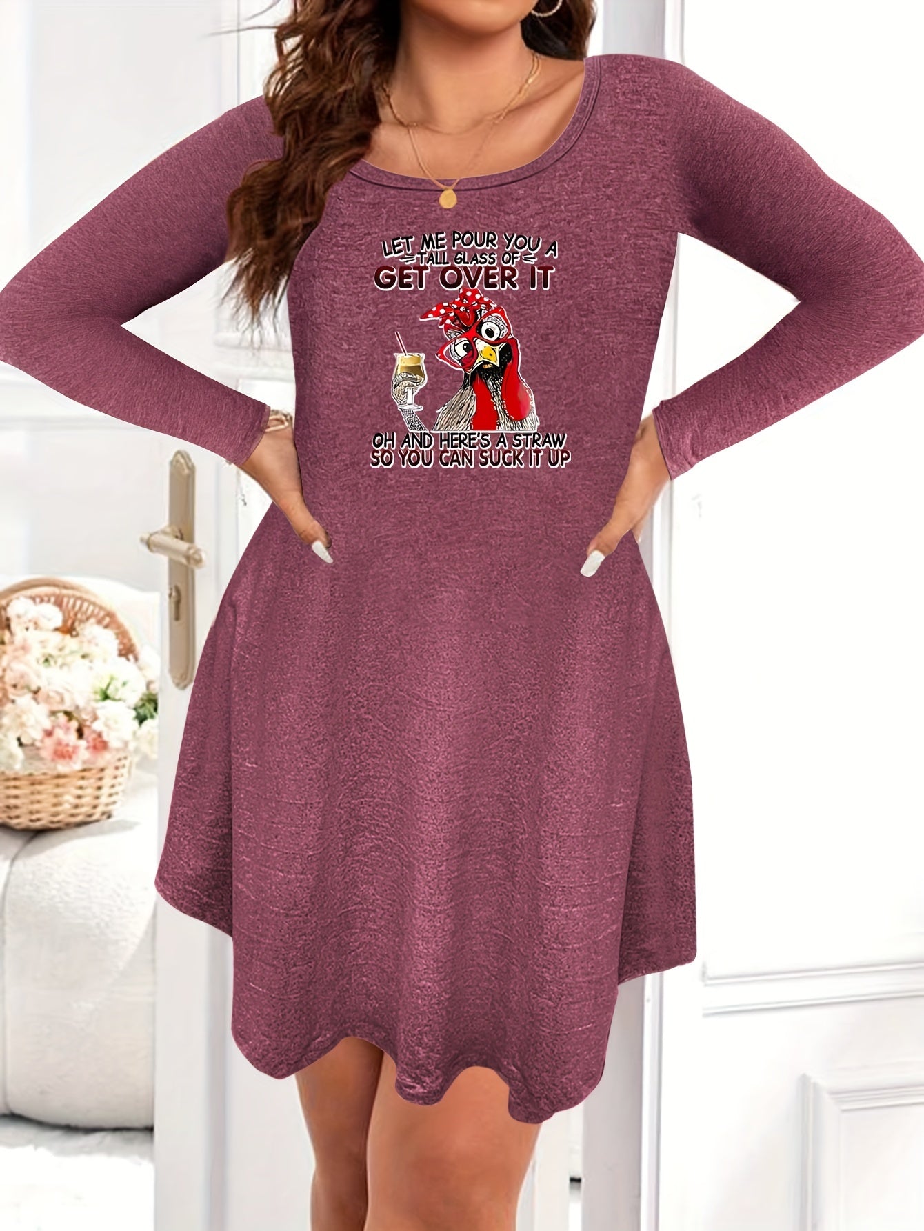 Plus Size Nightdress Funny Rooster Print Long Sleeve Sleep Dress