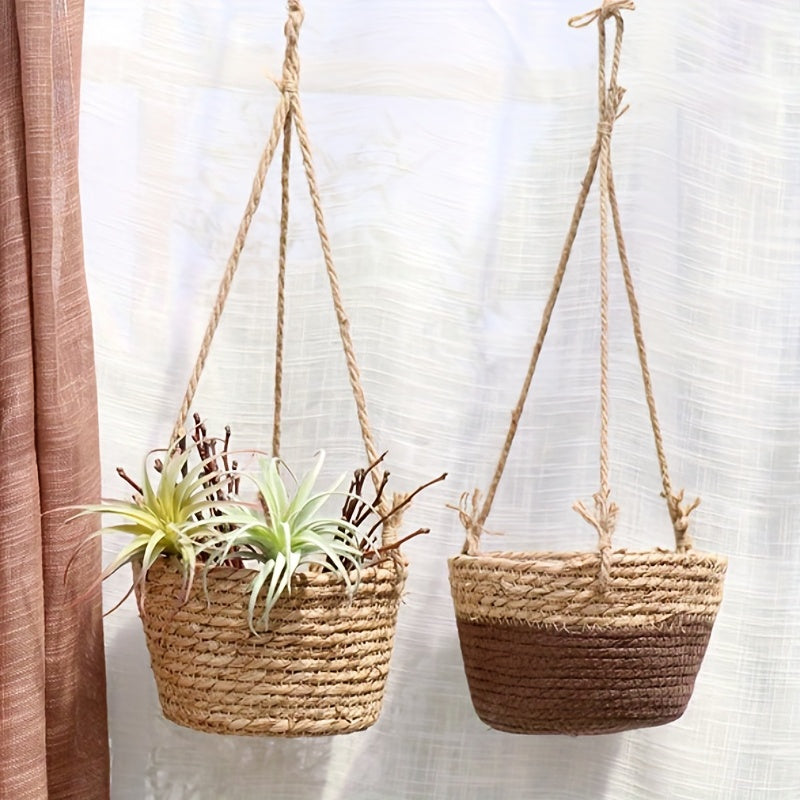 Straw Flower Basket Wall Hanging Decorative Pot Home Garden Patio