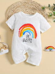Baby Girls Cotton Short Sleeve Romper With Rainbow Print