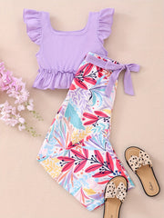 Girls Ruffle Top & Floral Print Pants 2pcs With Belt
