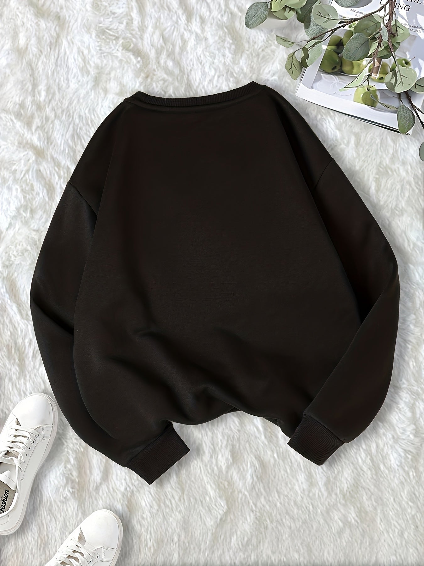 Round Neck Pullover Sweatshirt Fleece Lined Loose Hoodie Women