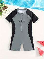 Boys Sun Protection Swimsuit Zip Up Onesie Short Sleeved Quick Drying