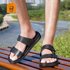 LAORENTOU Men's Leather Slippers Casual Outdoor Anti skid Slip On Slides