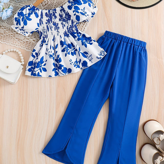 Girls Floral Print Shirred Shirt & Flared Pants Set