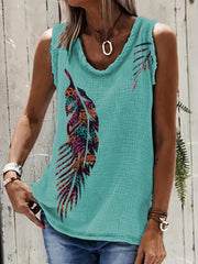 Western Feather Print Tank Top Sleeveless Crew Neck Casual Tops