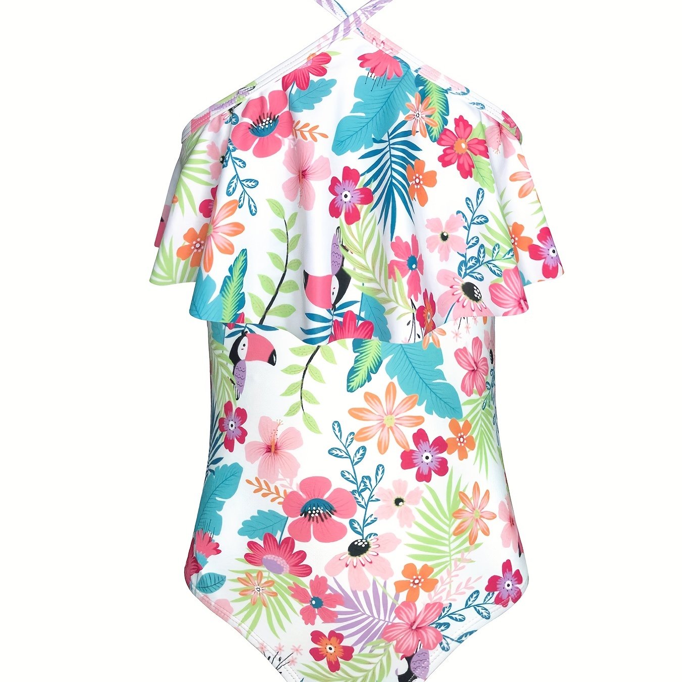 Girls' Floral Ruffled Trim Suspenders Swimsuit