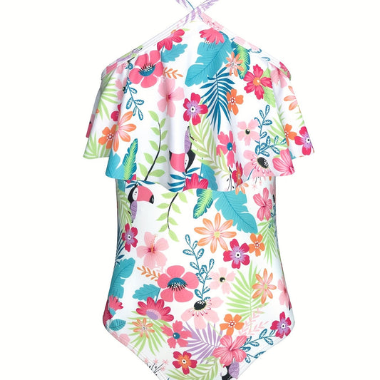 Girls' Floral Ruffled Trim Suspenders Swimsuit