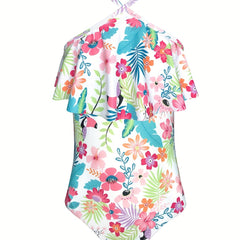 Girls' Floral Ruffled Trim Suspenders Swimsuit