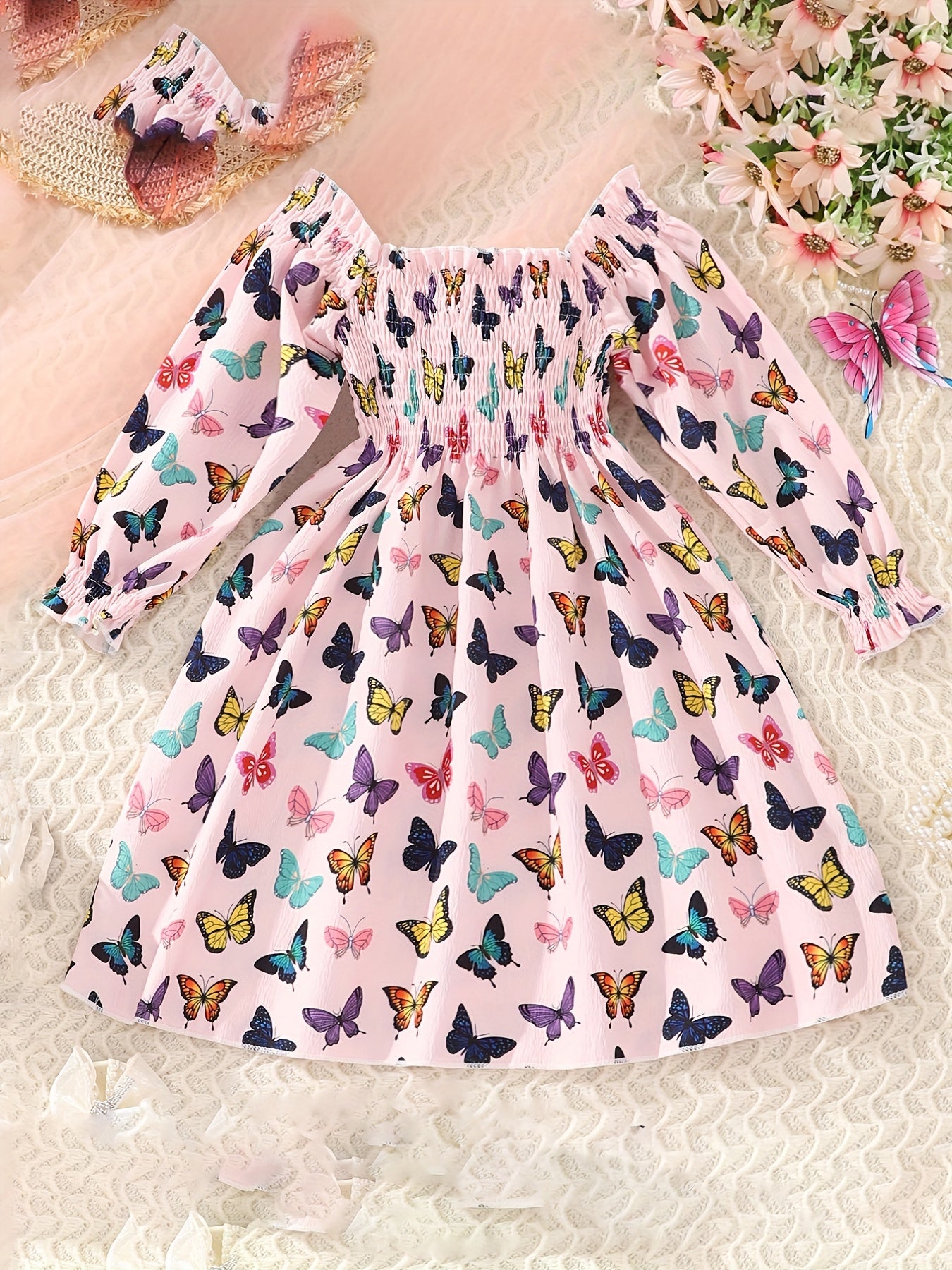 Butterflies Smocked Dress For Girls Comfy Vacation Casual Dress Kids Clothing