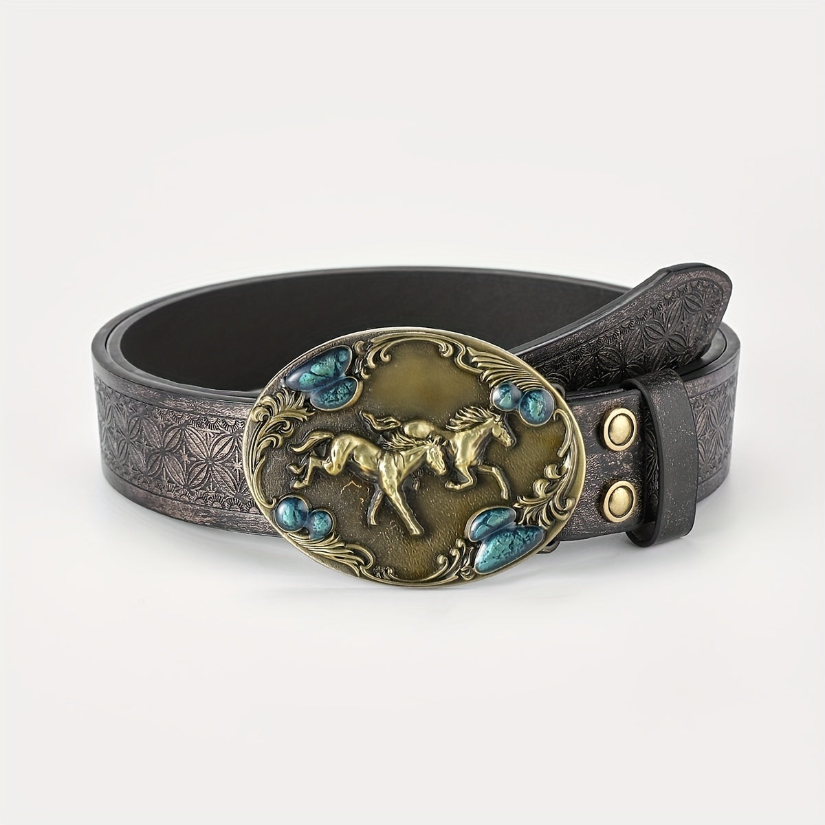 Men's Running Horse Belt PU Leather Floral Casual Jeans Western Cowboy Waist