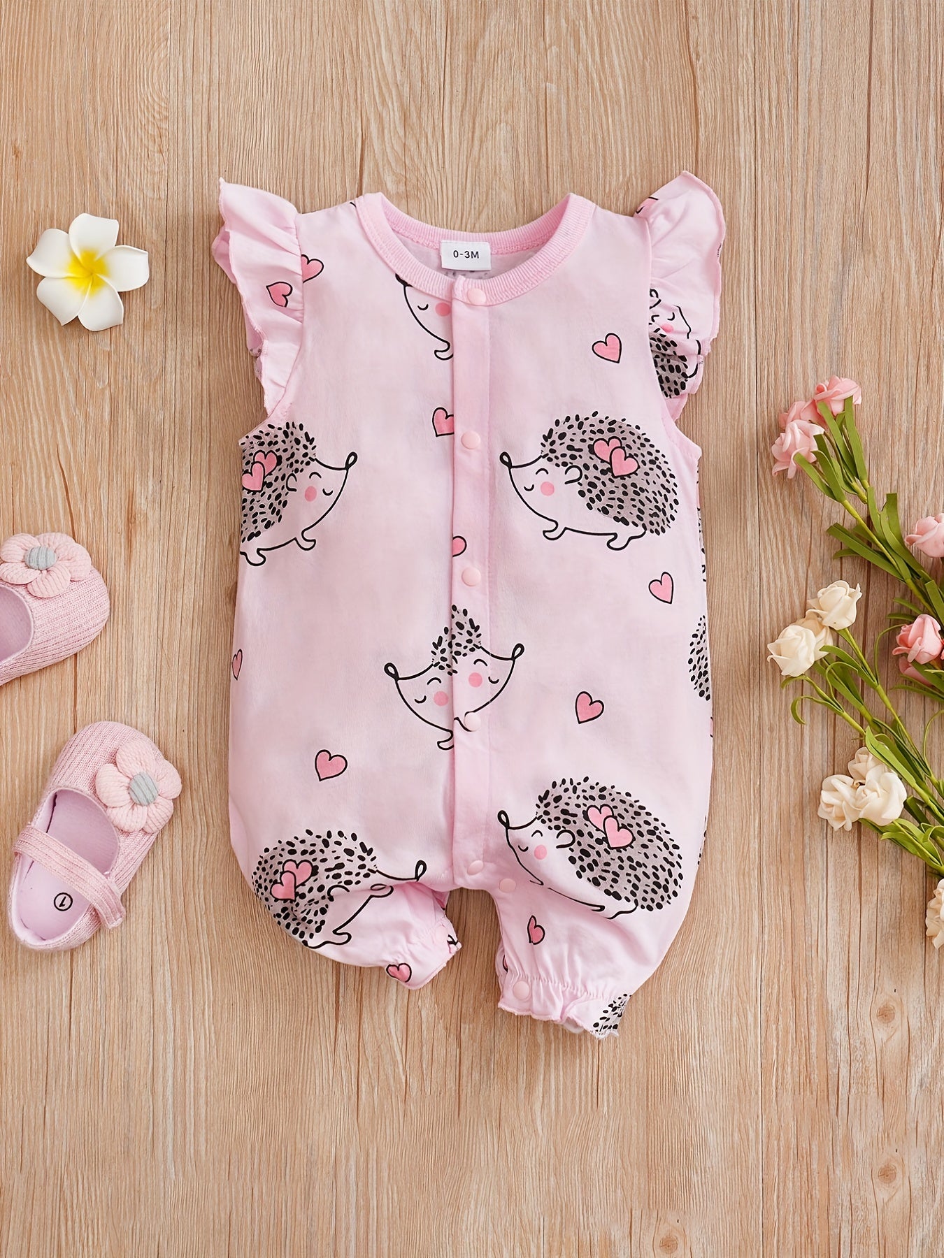 Comfy Hedgehog Print Flutter Sleeve Baby Girls Jumpsuit