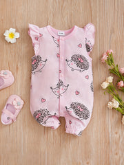 Comfy Hedgehog Print Flutter Sleeve Baby Girls Jumpsuit