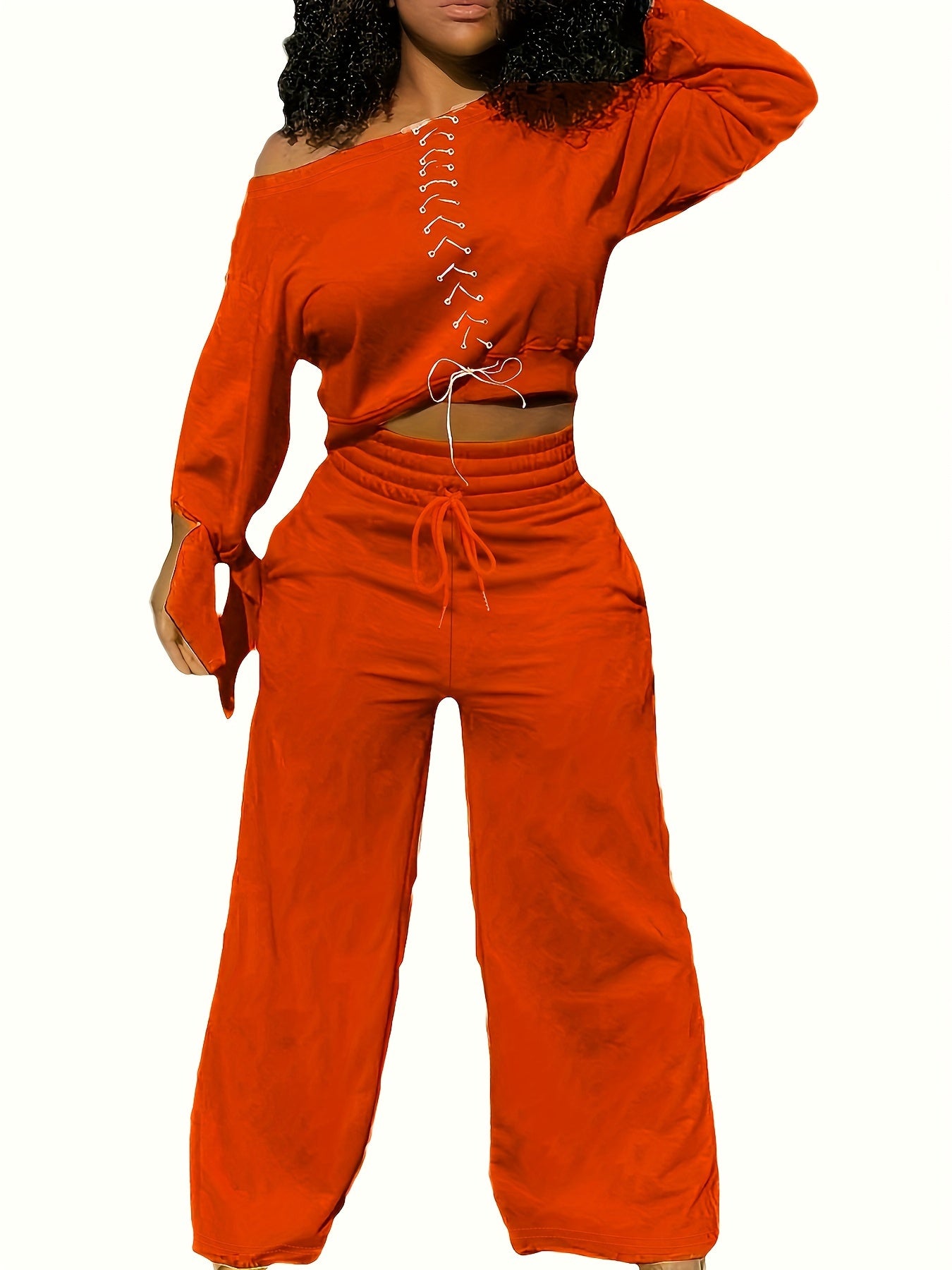 Solid Knot One Shoulder Top & Wide Leg Pants Outfit