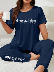 Slogan Print Tee & Pants Pajama Set