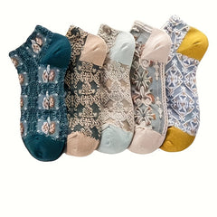 5 Pairs Floral Print Lightweight Ankle Socks Women's Stockings