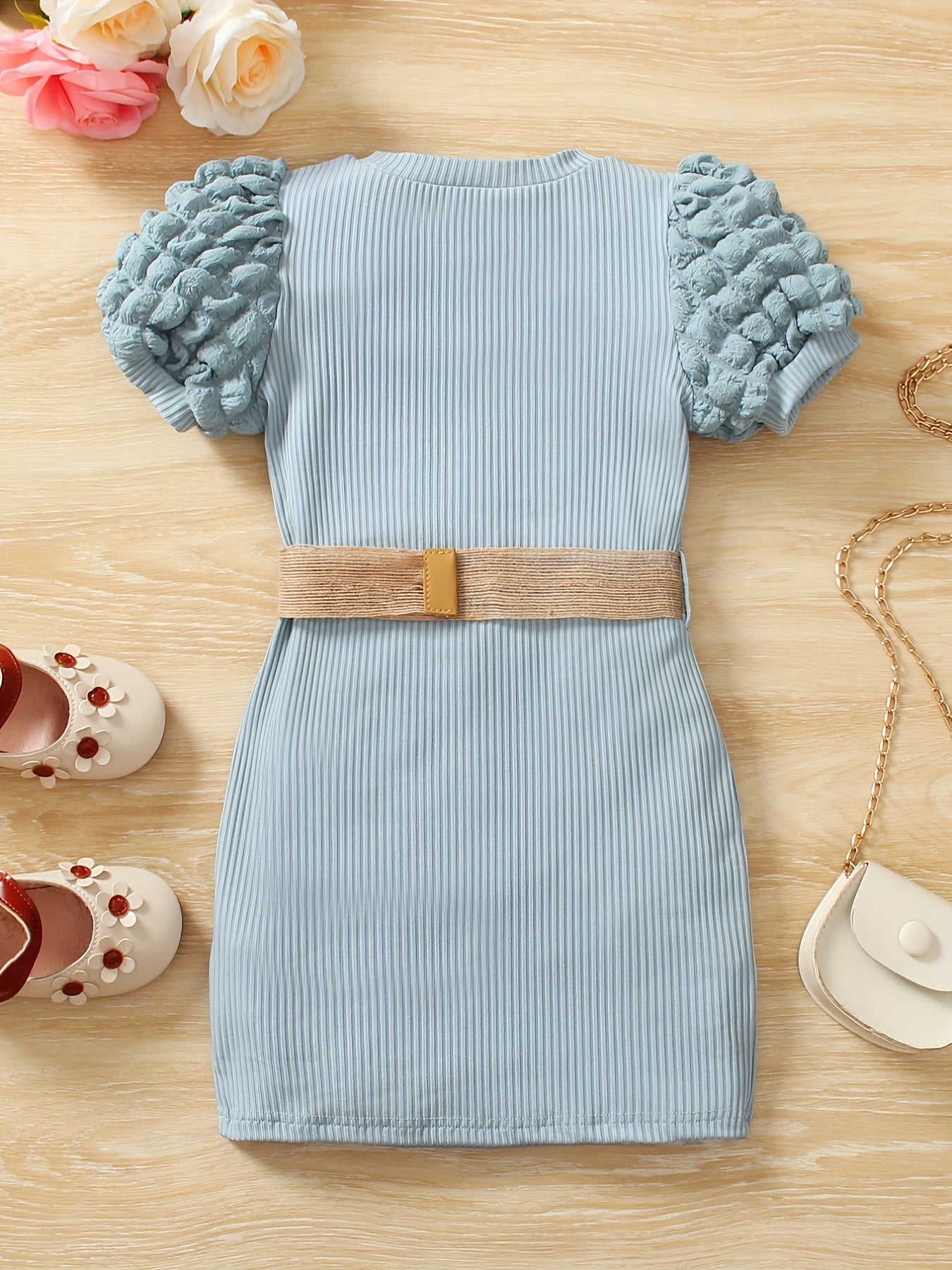 Toddler Girls Puff Sleeve Ribbed Knit Dress for Party