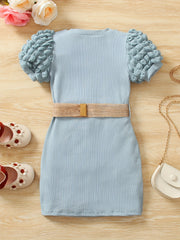 Toddler Girls Puff Sleeve Ribbed Knit Dress for Party