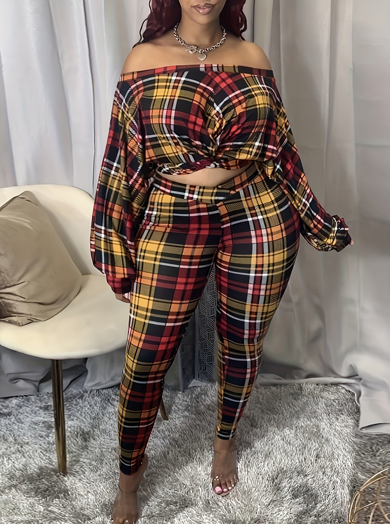 Plaid Twist Front Off Shoulder Crop Top & Leggings Set