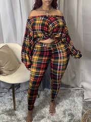 Plaid Twist Front Off Shoulder Crop Top & Leggings Set