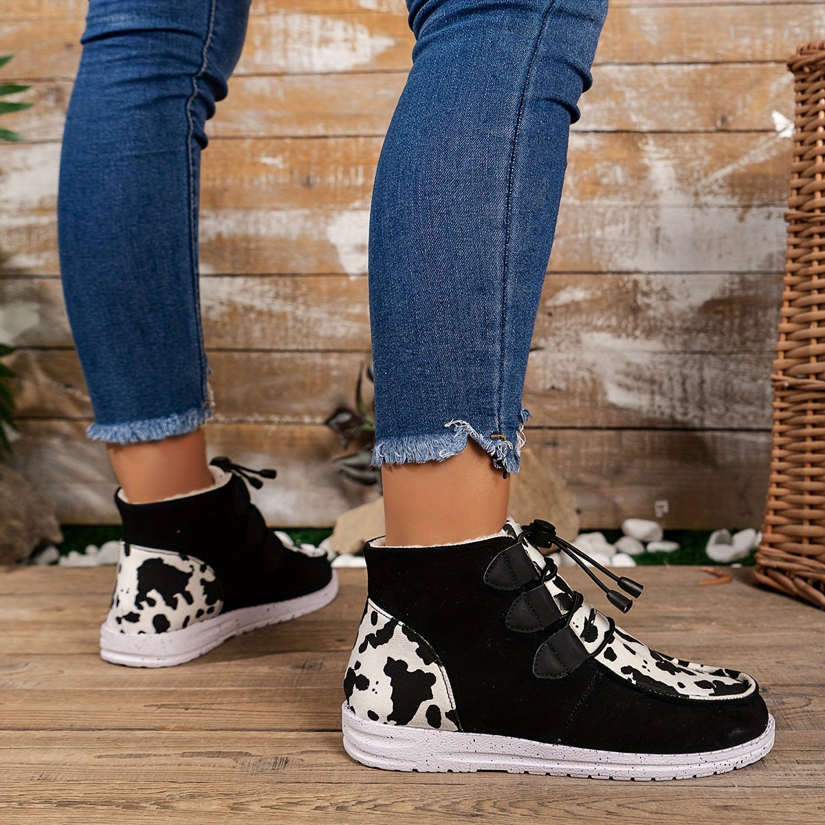 Dairy Cow Print Winter Fleece Lined Snow Boots - Warm & Anti-Slip