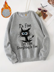 Cat And Letter Graphic Long Sleeve Casual Sweatshirts Women's Sporty Sweatshirts
