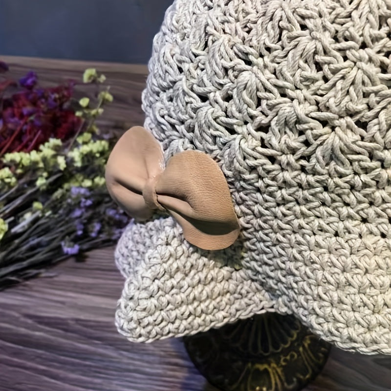 Hand Knitted Bucket Hat Vintage Bow Crochet Fisherman Hat
