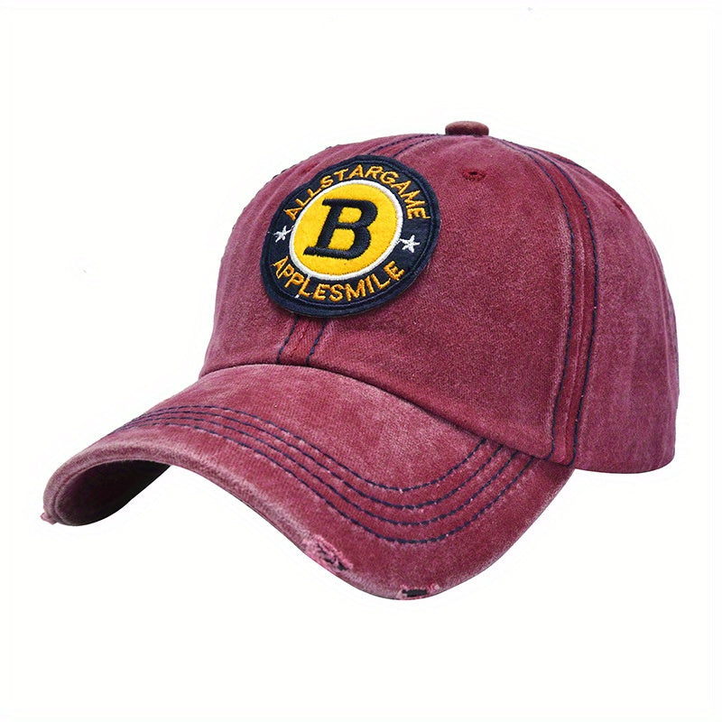 B Letter Embroidery Baseball Cap Washed Distressed Peaked Cap