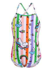 Toddler Girls Rainbow Stripes And Stars Graphic Swimsuit