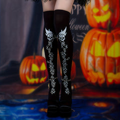 Skull Print Thigh High Socks Halloween Lace Over The Knee Stockings
