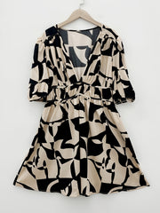 Geometric Print Ruched Dress Casual Plunging Puff Sleeve Dress