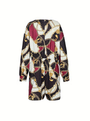 Chain Print V Neck Long Sleeve Plus Size Jumpsuit With Pockets