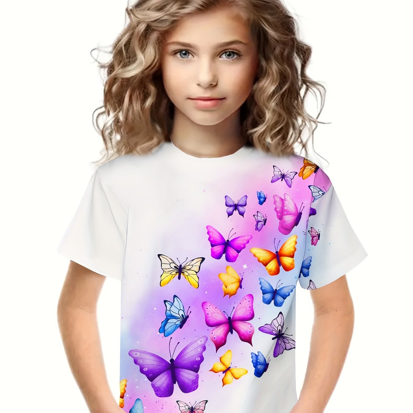 Dreamy 3D Butterfly Graphic Short Sleeve T-shirt for Girls