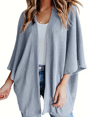 Casual Cardigan Women's Plus Solid Waffle Knit Open Front Cardigan