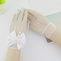 Girls Mesh Bow Lace Faux Pearl Gloves Party Supplies