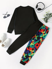 Boy's 2pcs Cartoon Letter Camo Sweatshirt & Sweatpants Set