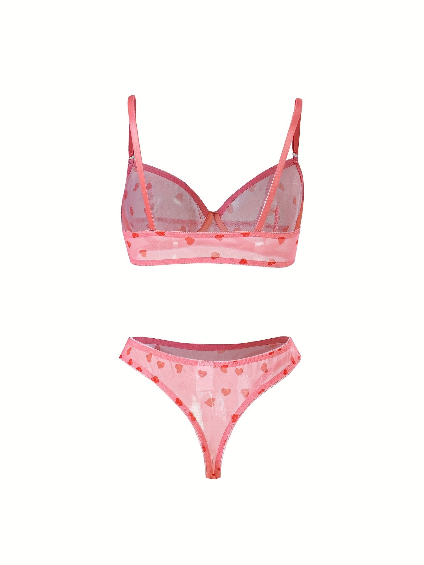 Heart Print Mesh Bra & Panty Lingerie Set