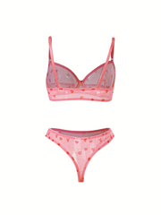 Heart Print Mesh Bra & Panty Lingerie Set