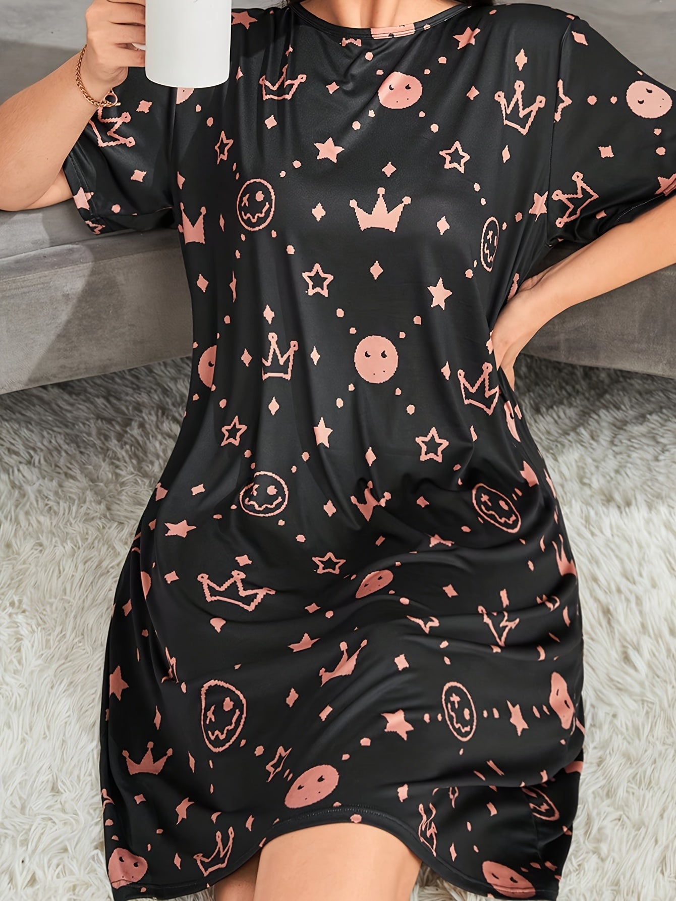 Nightdress Women's Plus Cartoon & Star Print Short Sleeve Sleep Dress