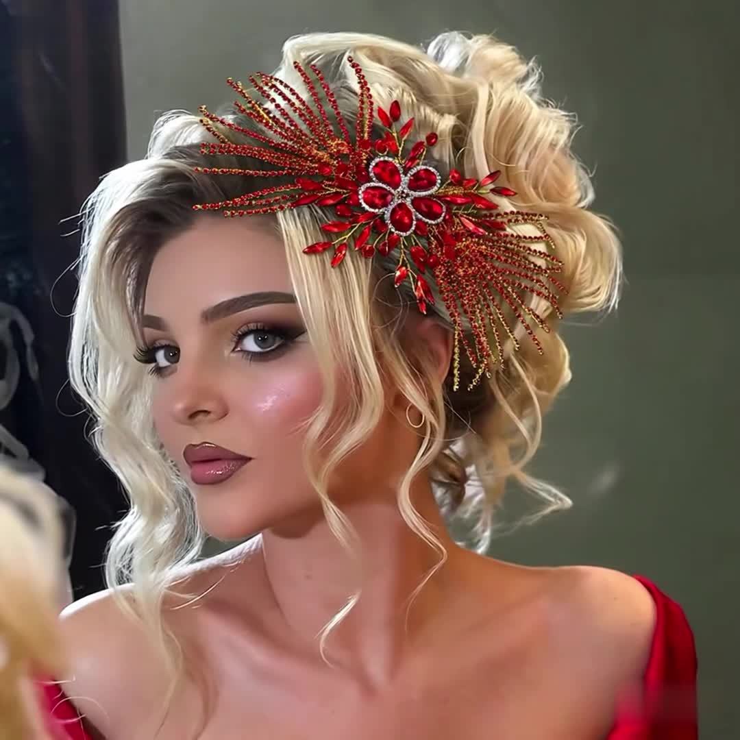 Red Rhinestone Bridal Hair Comb Bridesmaid Headpiece