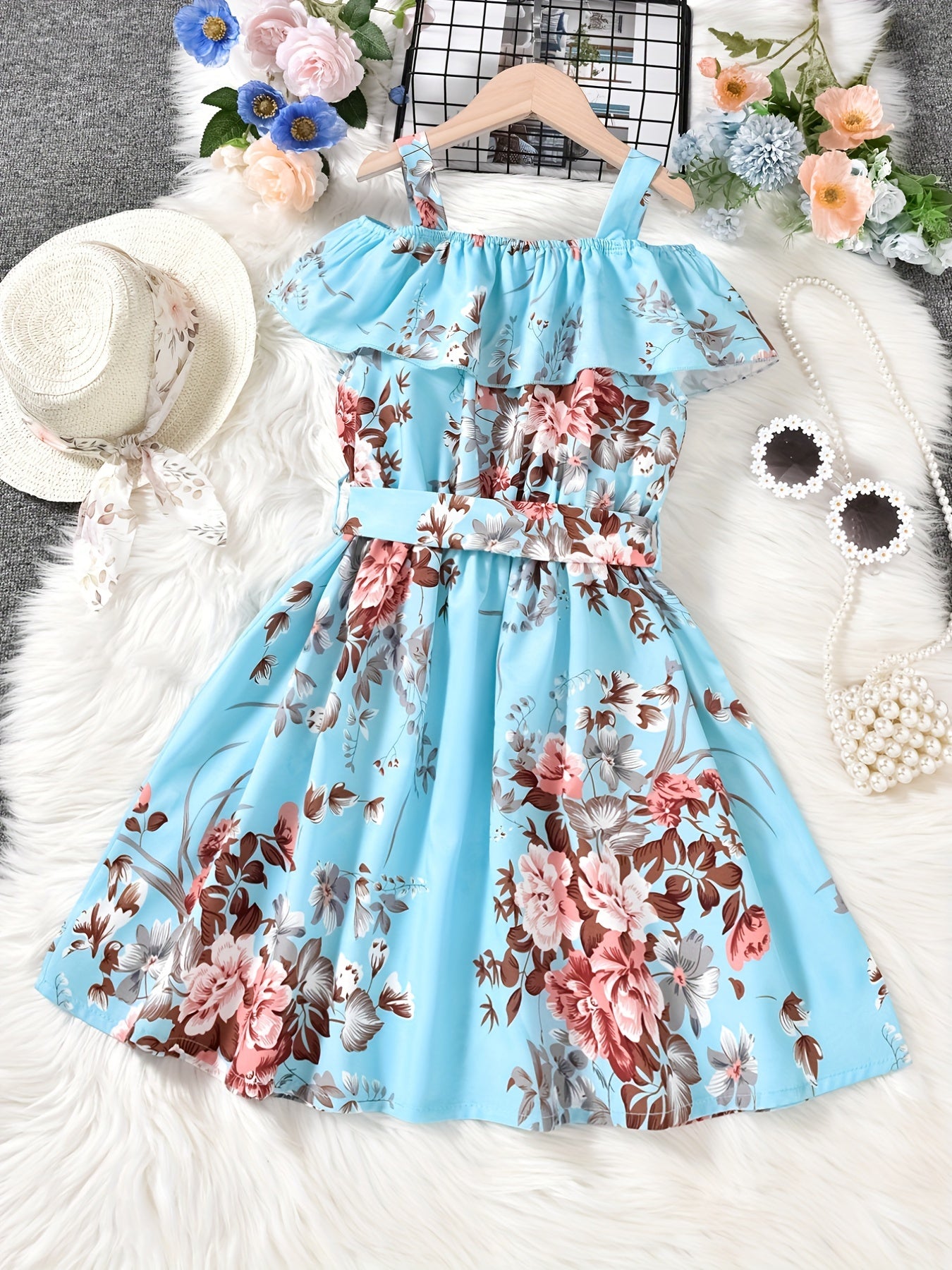 Girls Cold Shoulder Ruffle Trim Flowers Graphic Princess Dress
