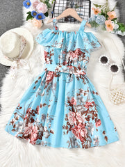 Girls Cold Shoulder Ruffle Trim Flowers Graphic Princess Dress