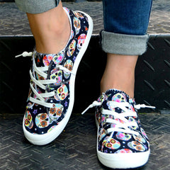 Women's Skull Pattern Canvas Shoes Low Top Lace Up Round Toe Flat Casual Shoes