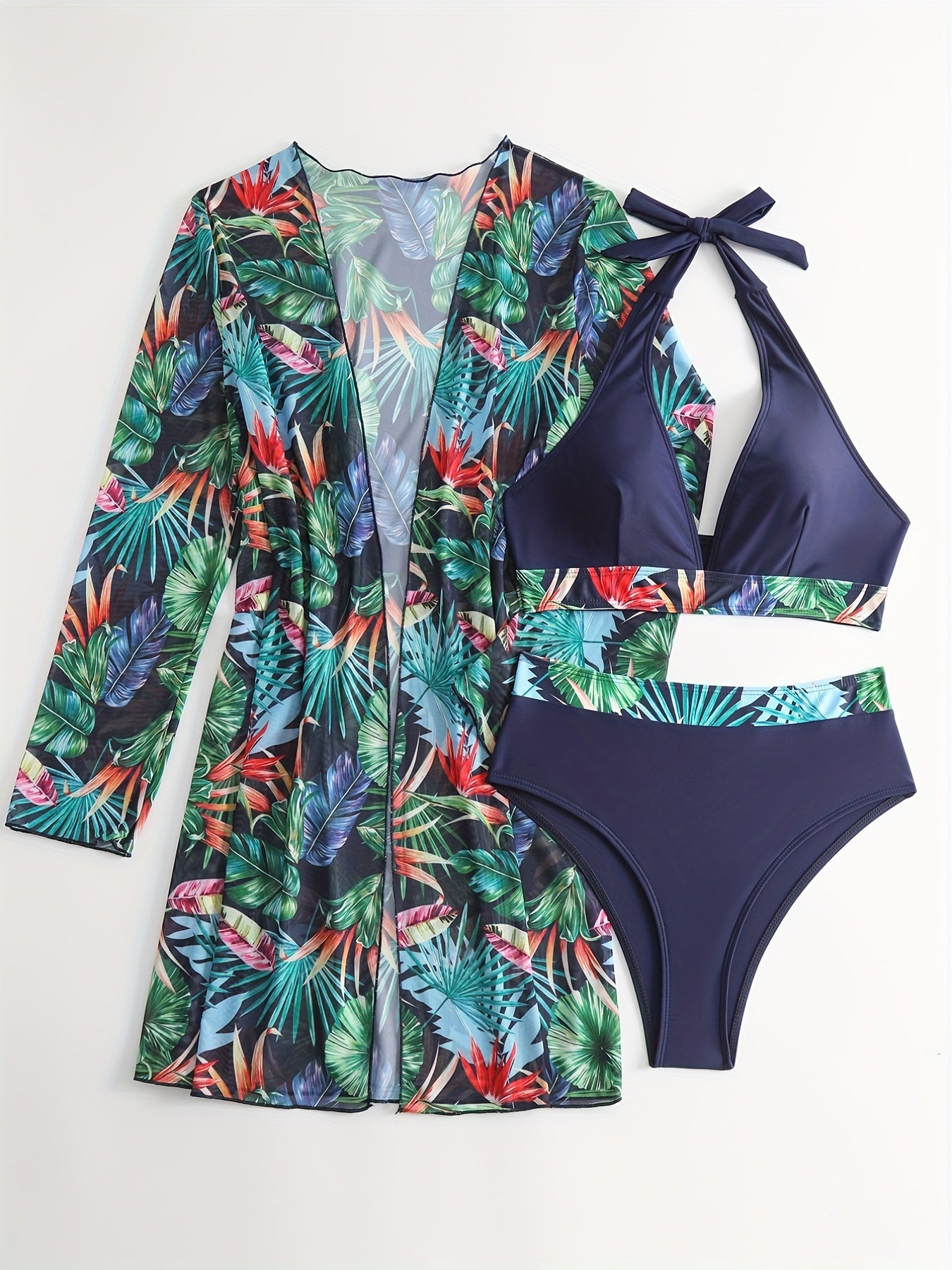 Tropical Leaf Print Halter Bikini Set with Cover Up