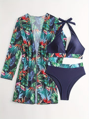 Tropical Leaf Print Halter Bikini Set with Cover Up
