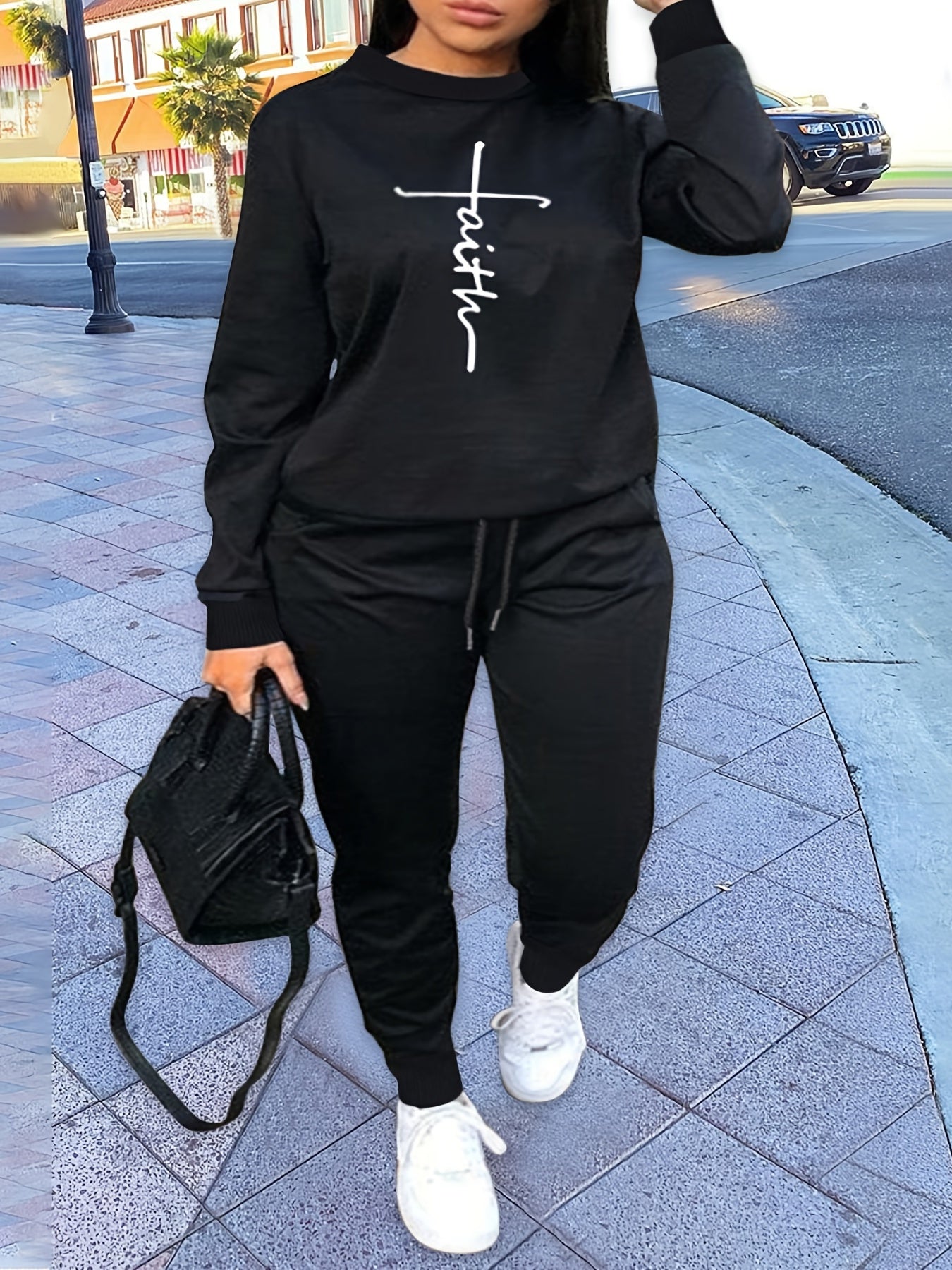 Cross Letter Print Crew Neck Pullover & Joggers Set