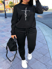 Cross Letter Print Crew Neck Pullover & Joggers Set
