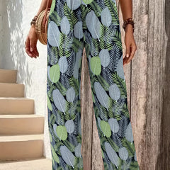 Women's Plus Tropical Print Shirred Waist High Rise Loose Fit Trousers