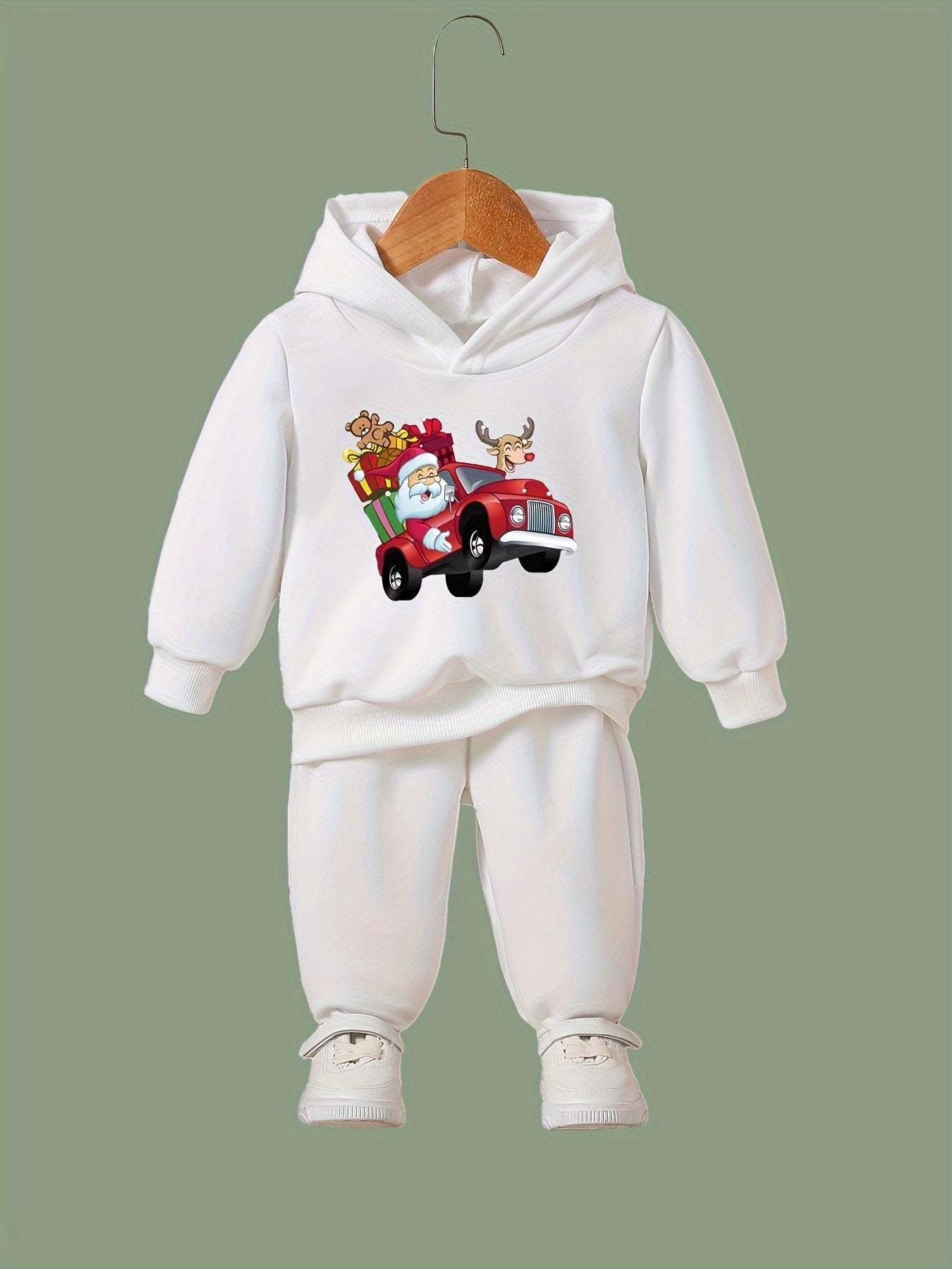 Santa & Reindeer Car Print Girls Hoodie Jogger Pants Set