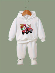Santa & Reindeer Car Print Girls Hoodie Jogger Pants Set